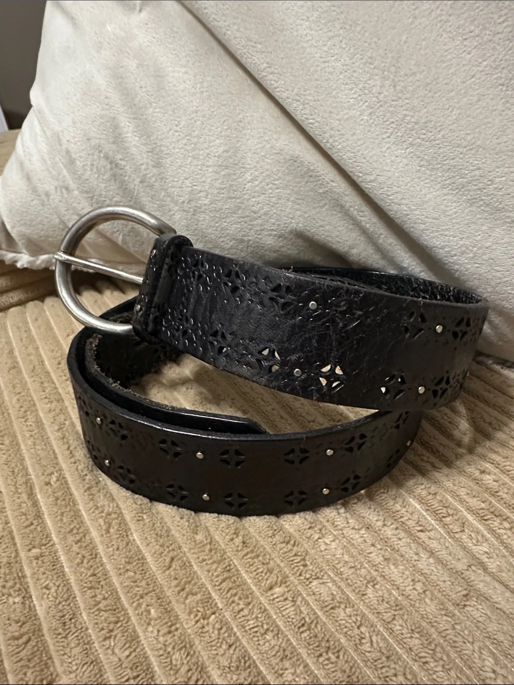Fossil Black Laser-Cut Leather Belt with Silver Ring Buckle